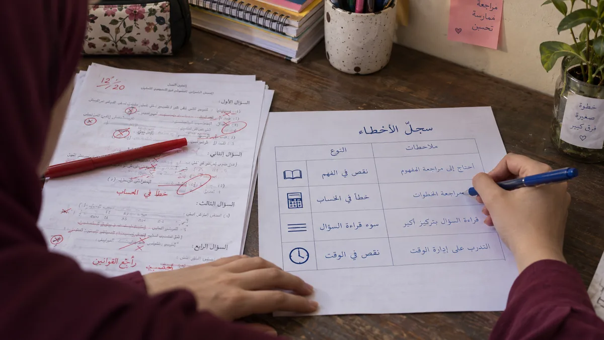 طالبة تصنف أخطاء ورقة مصححة إلى فهم وحساب وقراءة ووقت