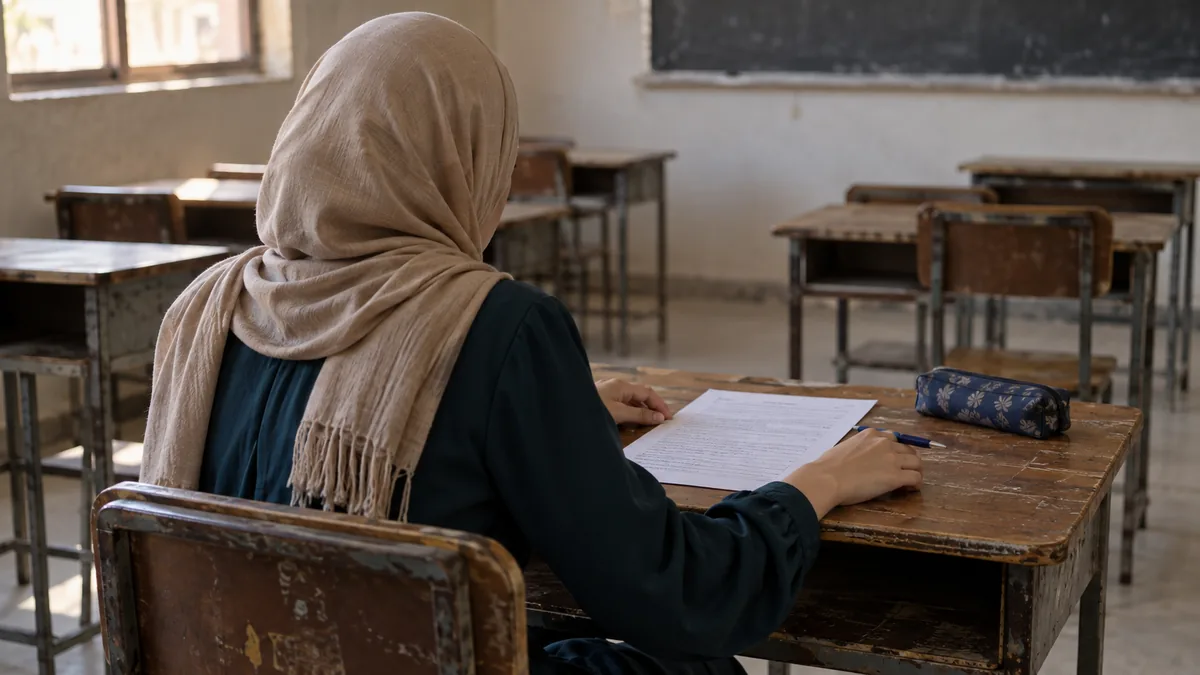 طالبة من الخلف تثبت جلستها وتتنفس بهدوء قبل بدء الإجابة داخل قاعة امتحان فارغة
